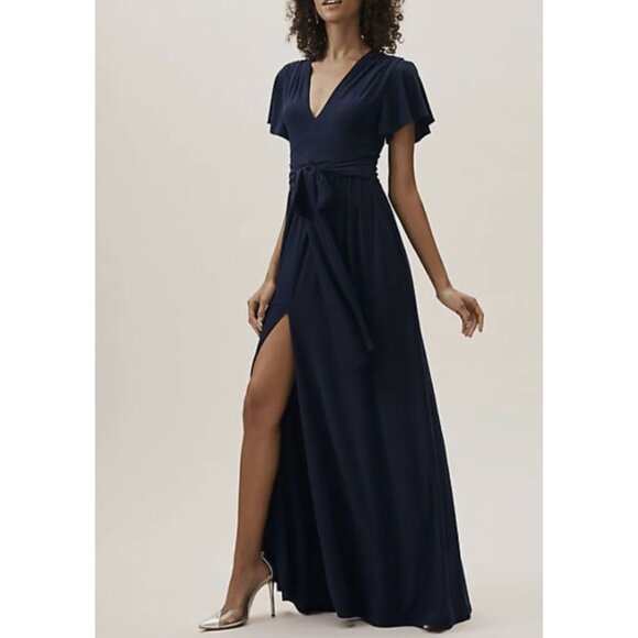 BHLDN Anthropologie Mendoza Navy Maxi Dress Bridesmaid V-Neck Tie Waist 4 - Picture 1 of 14